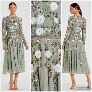 MAC DUGGAL 5716 Green Sequined Floral Long Sleeve High Neck Midi Dress